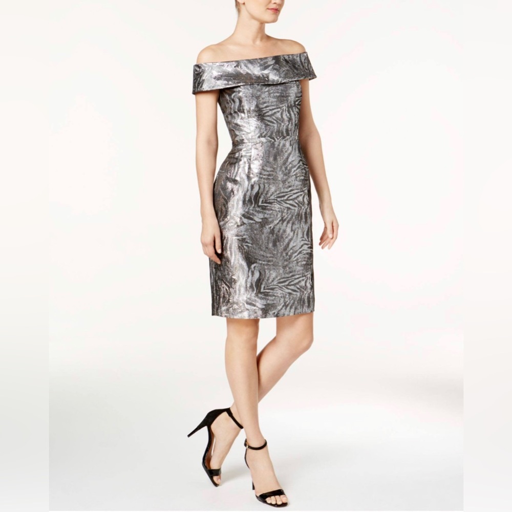 Calvin Klein 50s Style Silver Holiday Cocktail Pencil Dress